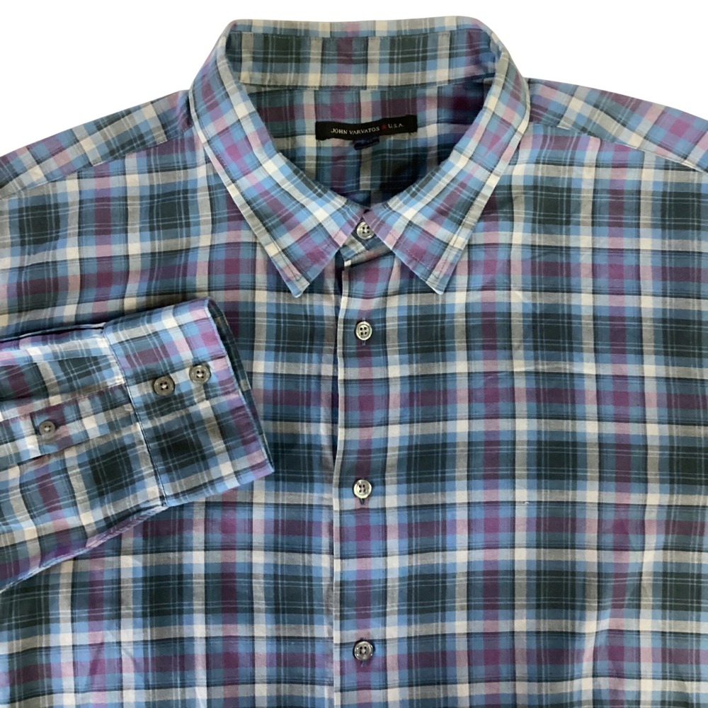 John‎ Varvatos USA Mens XXL Blue Purple Plaid Cotton Button Down Shirt W184Q1B